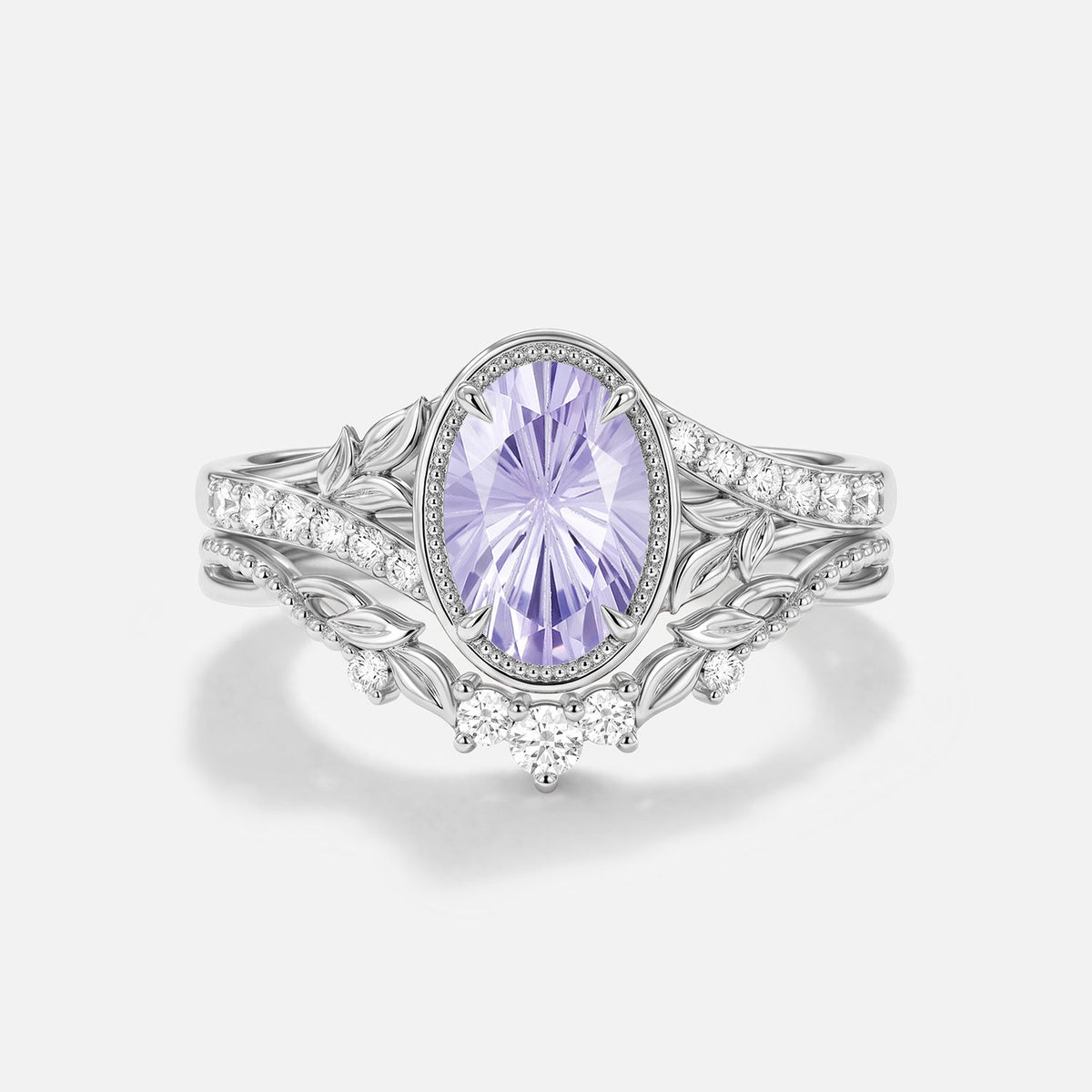 Firework Cut Oval Lab Lavender Sapphire Bezel Leafy Engagement Ring Sets 2pcs - Hollis