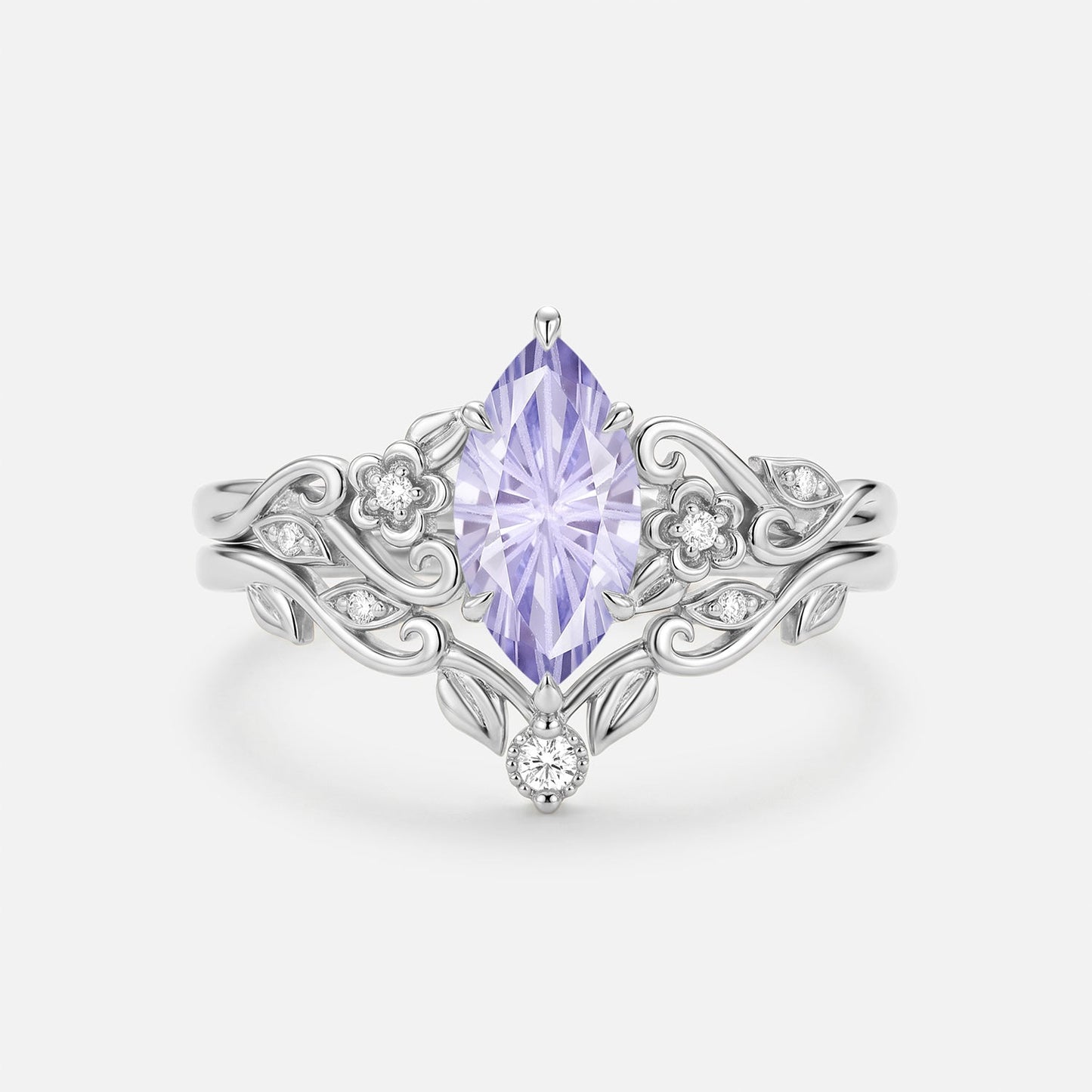 Marquise Firework Flower Lab Lavender Sapphire Engagement Ring Sets 2pcs - Jessamine