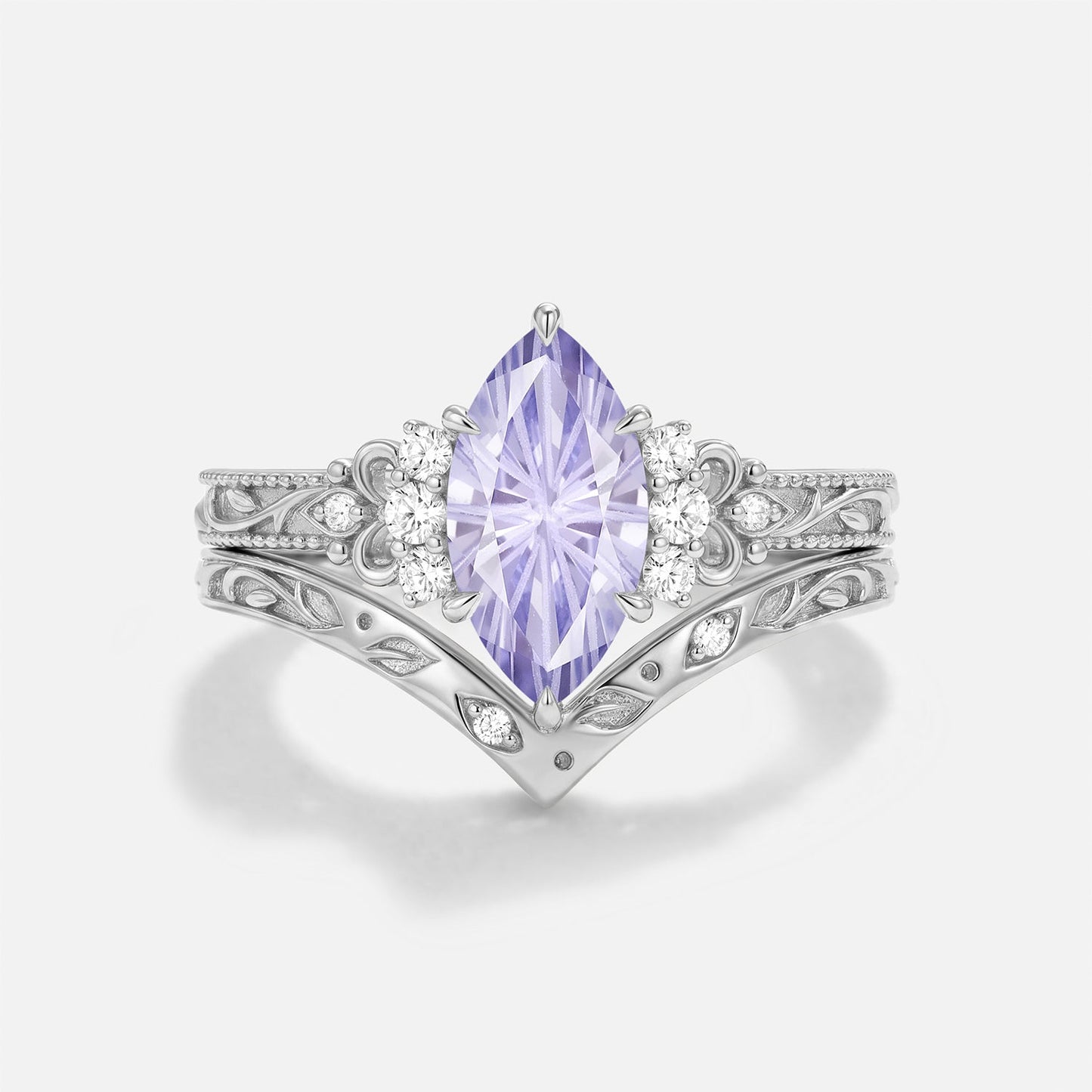 Marquise Firework Lab Lavender Sapphire Engraved Engagement Ring Set 2pcs - Rosalind