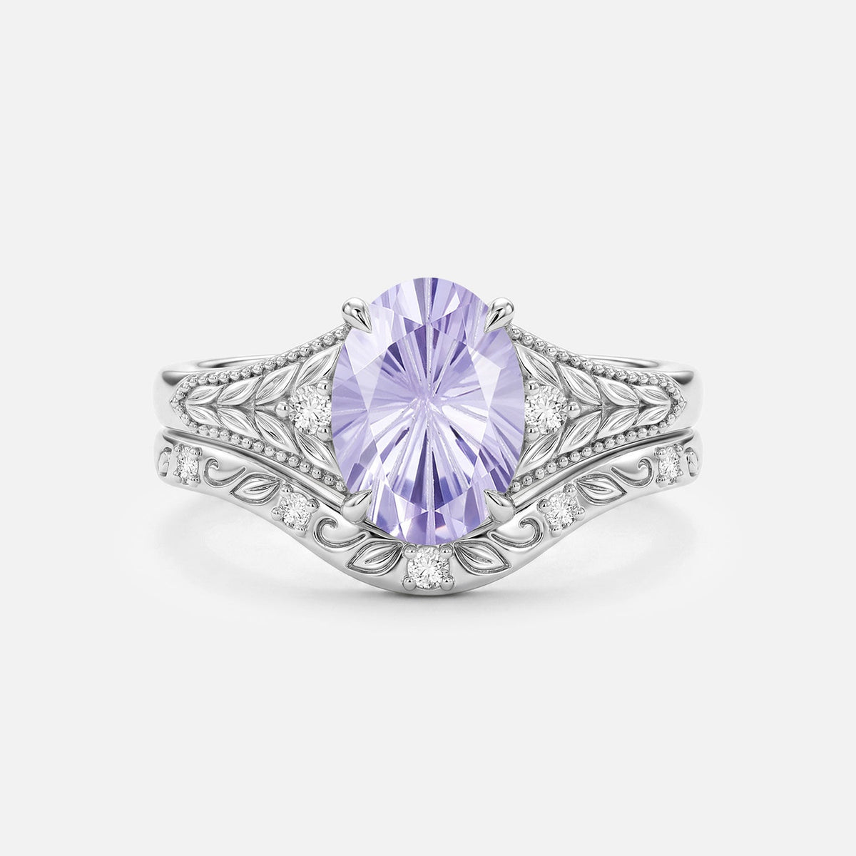 Oval Firework Lab Lavender Sapphire Leafy Engagement Ring Sets 2pcs - Phoebe