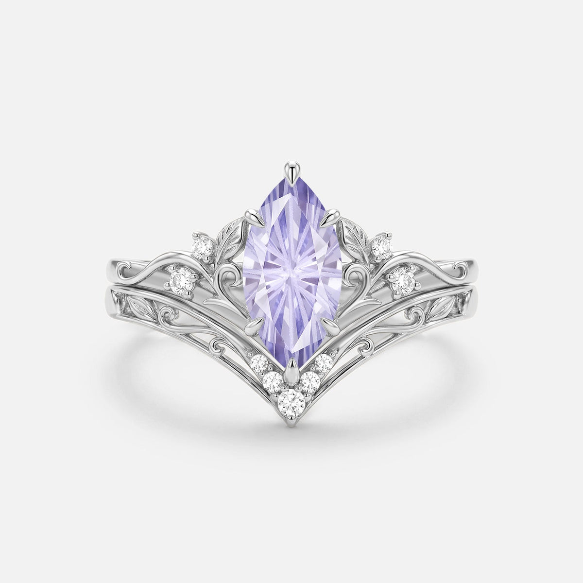Marquise Leafy Firework Lab Lavender Sapphire Engagement Ring Sets 2pcs - Wisteria