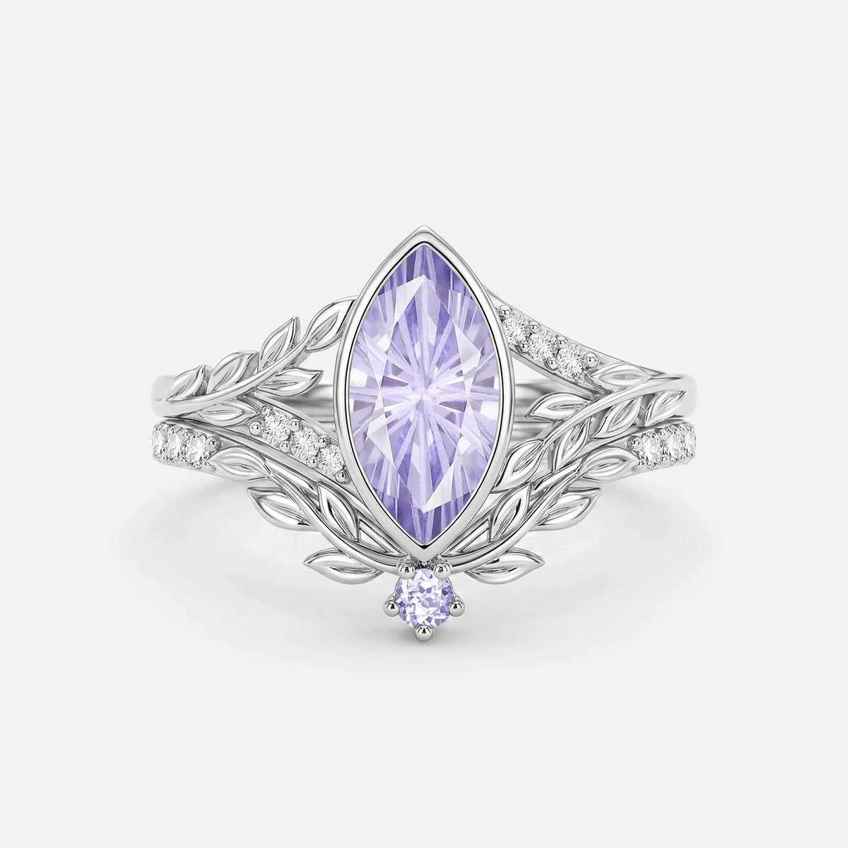 Marquise Cut Firework Lab Lavender Sapphire Bezel Leafy Engagement Ring Sets 2pcs - Nala