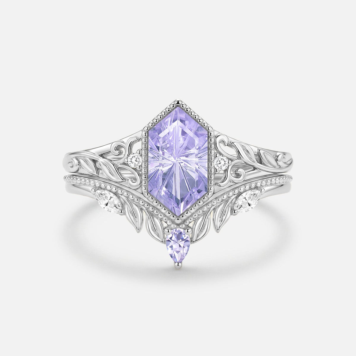 Elongated Hexagon Firework Cut Lab Lavender Sapphire Engagement Ring Set 2pcs-Margaux