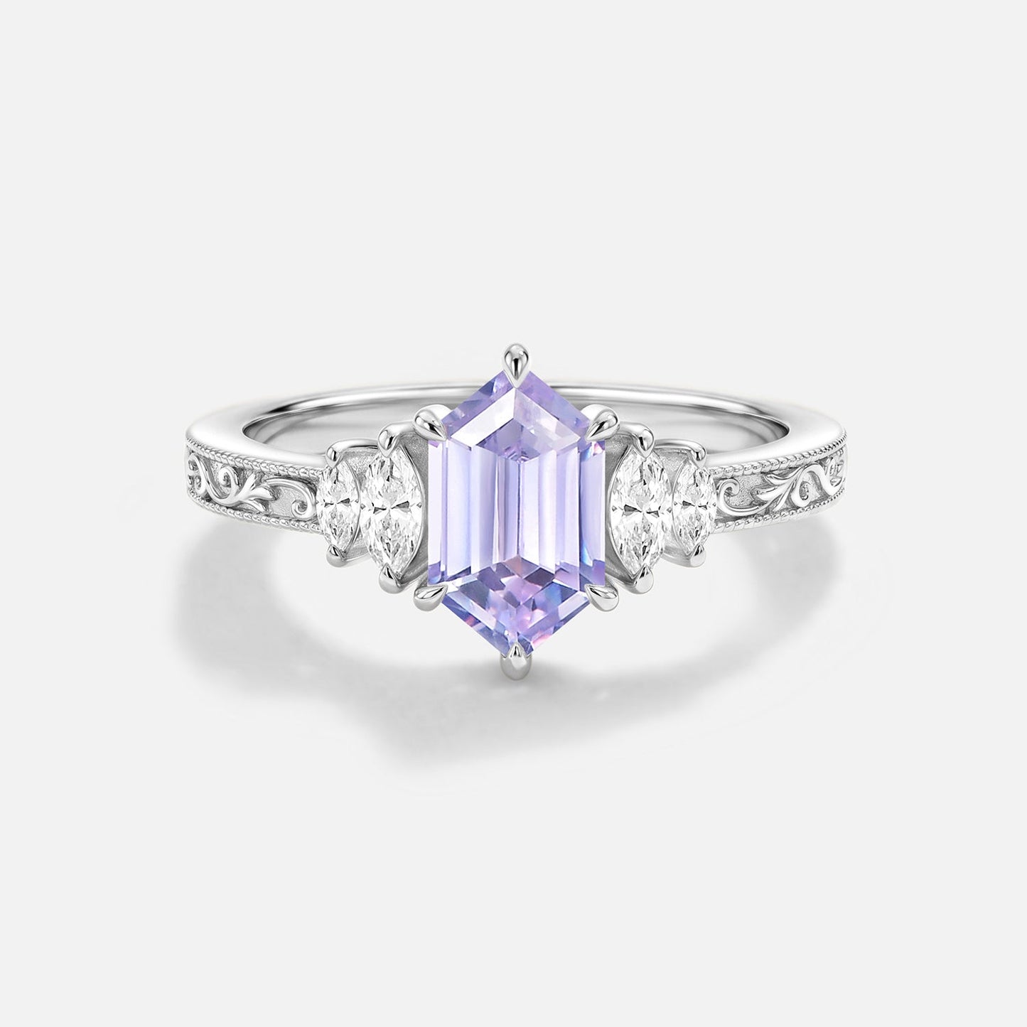 Lab Lavender Sapphire Hexagon Engagement Ring - Thessaly