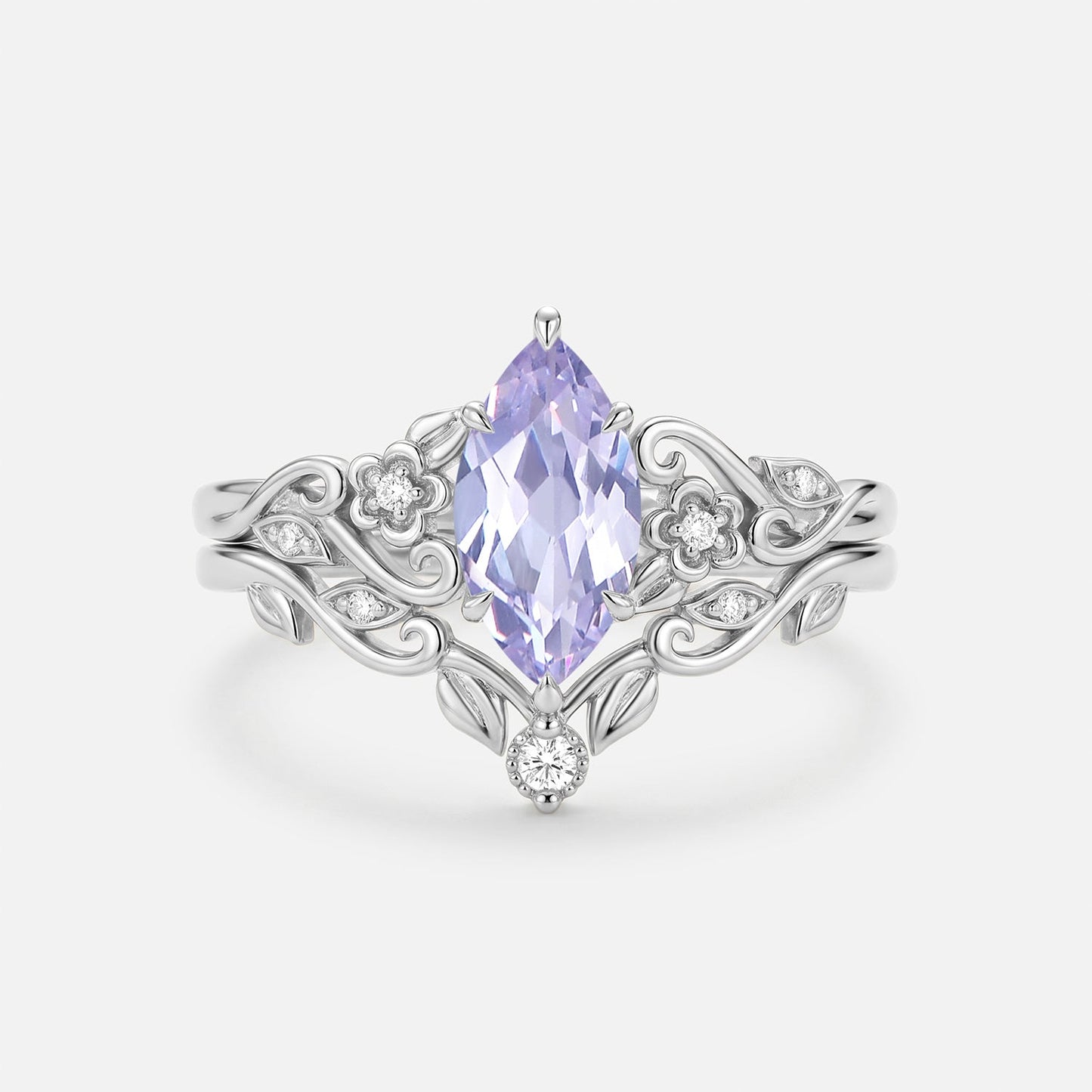 Marquise Flower Lab Lavender Sapphire Engagement Ring Sets 2pcs - Jessamine