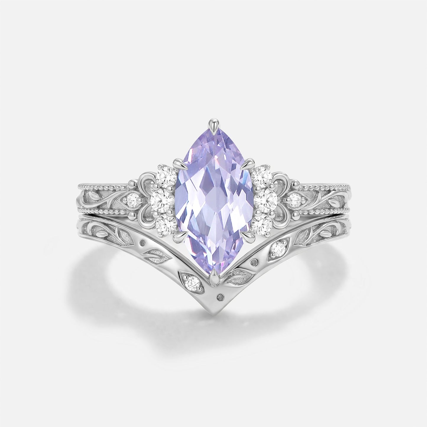 Marquise Lab Lavender Sapphire Engraved Engagement Ring Set 2pcs - Rosalind