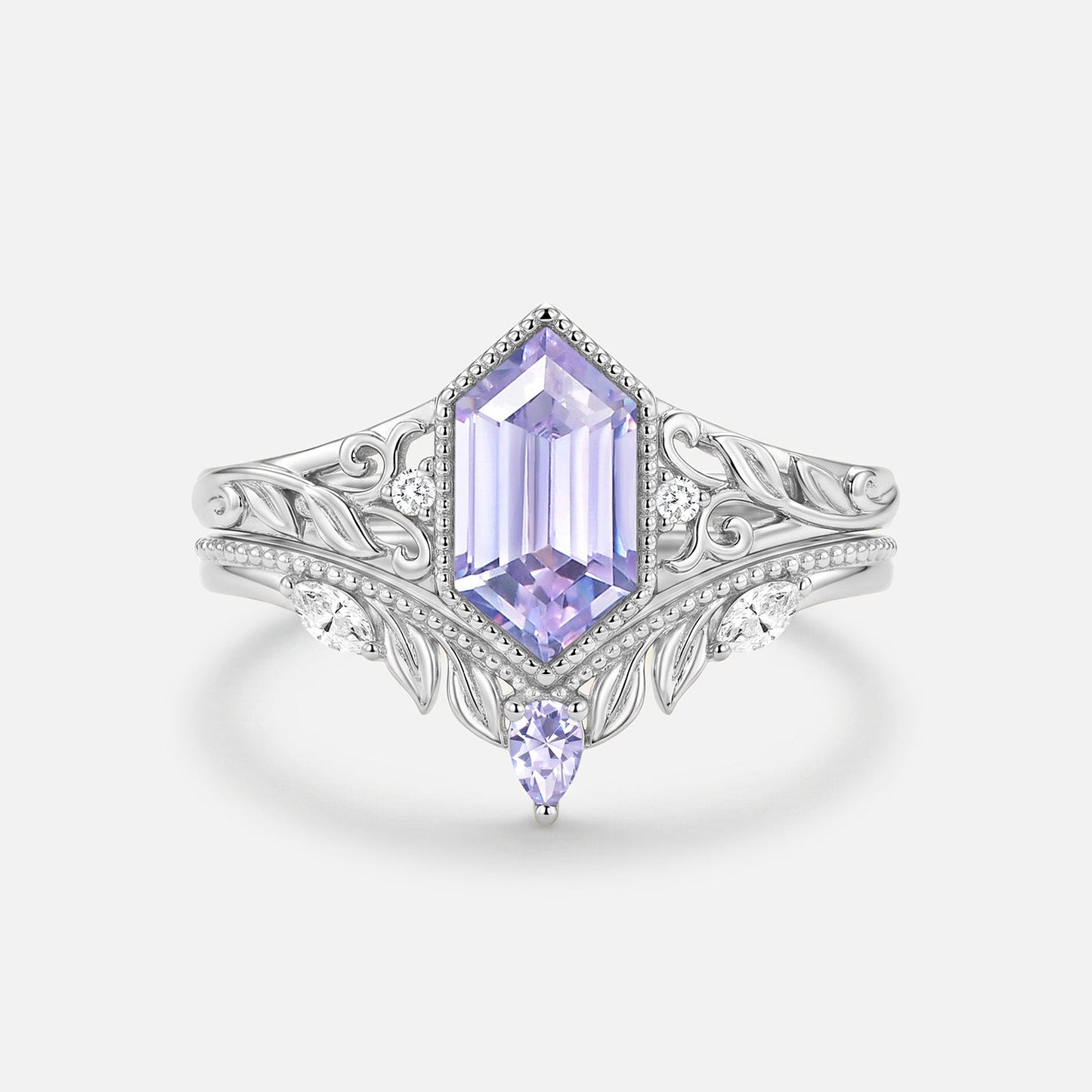 Elongated Hexagon Lab Lavender Sapphire Engagement Ring Set 2pcs-Margaux