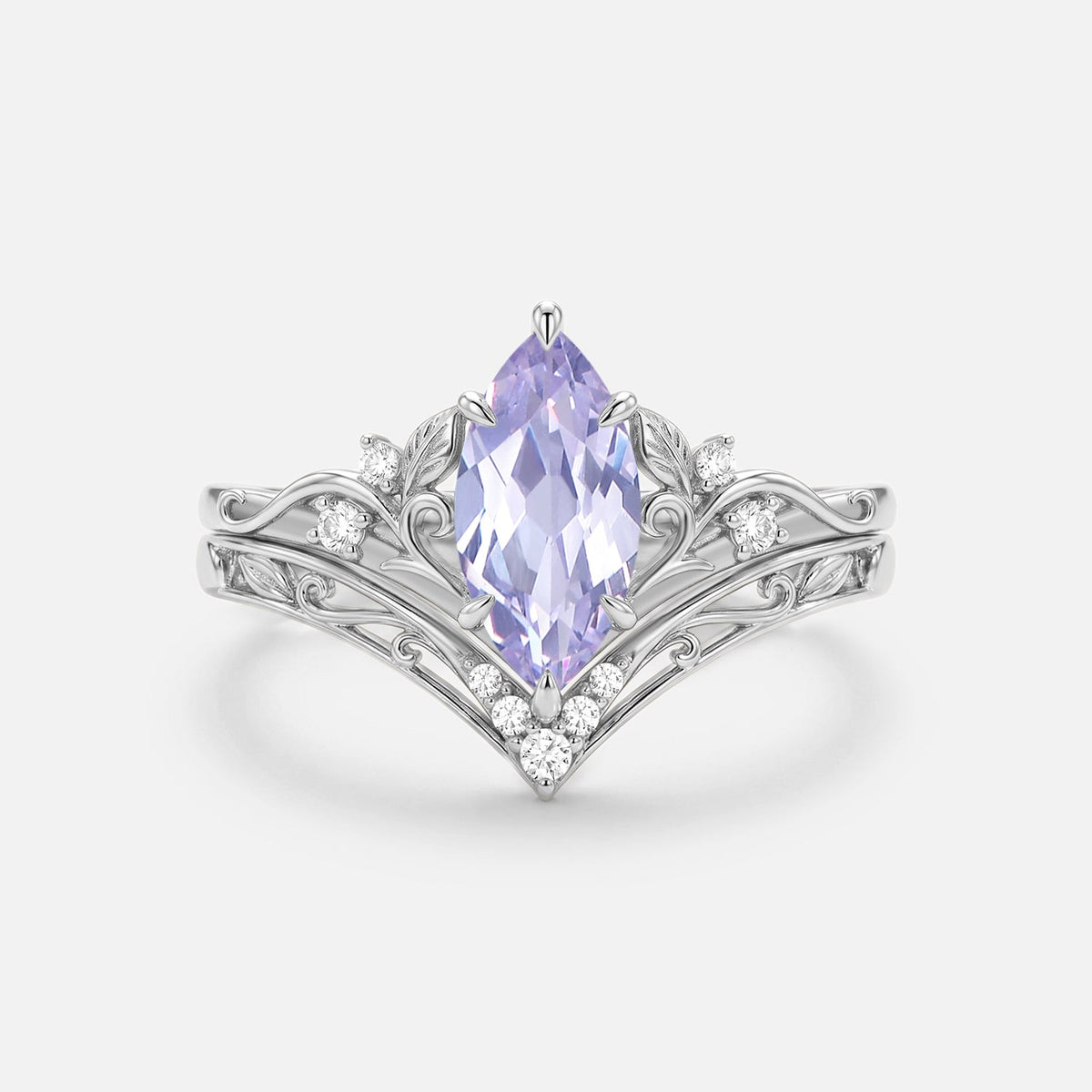 Marquise Leafy Lab Lavender Sapphire Engagement Ring Sets 2pcs - Wisteria