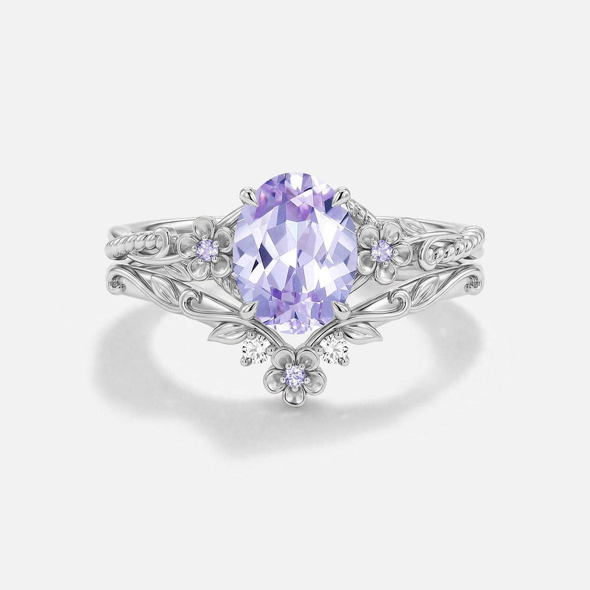 Oval Shaped Lab Lavender Sapphire Flower Engagement Ring Set 2pcs - Meridian