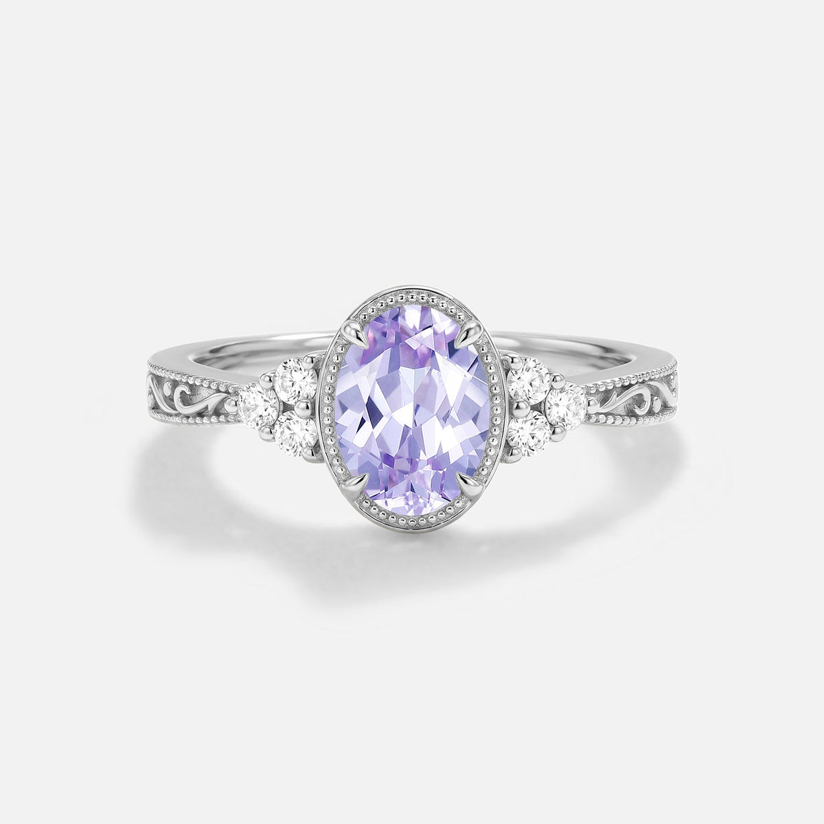 Oval Engraved Lab Lavender Sapphire Bezel Engagement Ring - Ilara