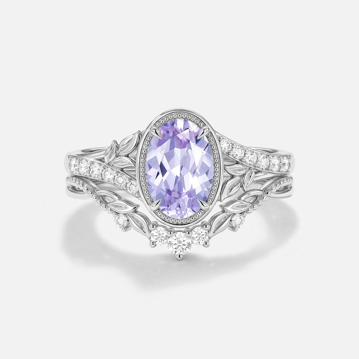 Oval Lab Lavender Sapphire Bezel Leafy Engagement Ring Sets 2pcs - Hollis