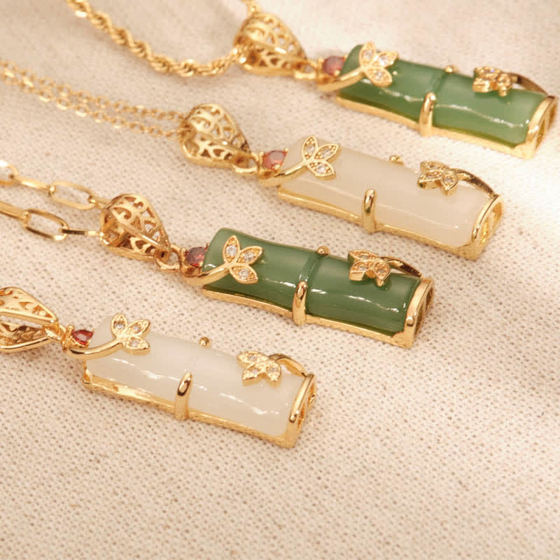 Fortune Jewel White Jade Cyan Jade Bamboo Luck Protection Necklace Pendant