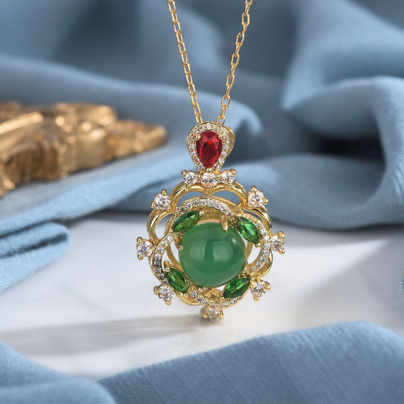 Fortune Jewel Cyan Jade Red Crystal Luck Necklace