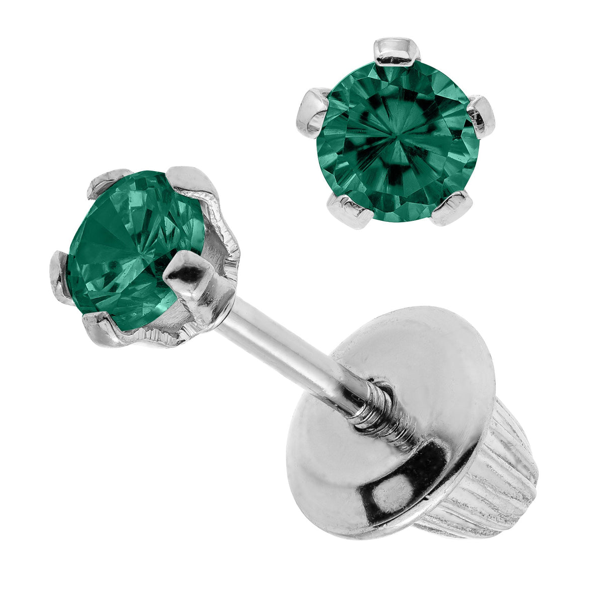 Sterling Silver Synthetic Emerald Children's Screw Back Earrings