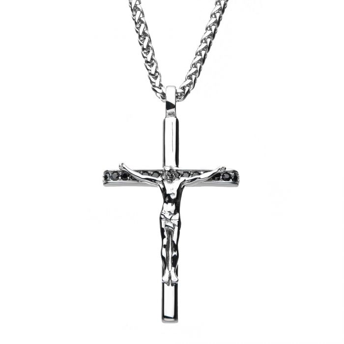Stainless Steel Jesus Christ Crucifix Necklace with Black Cubic Zirconia