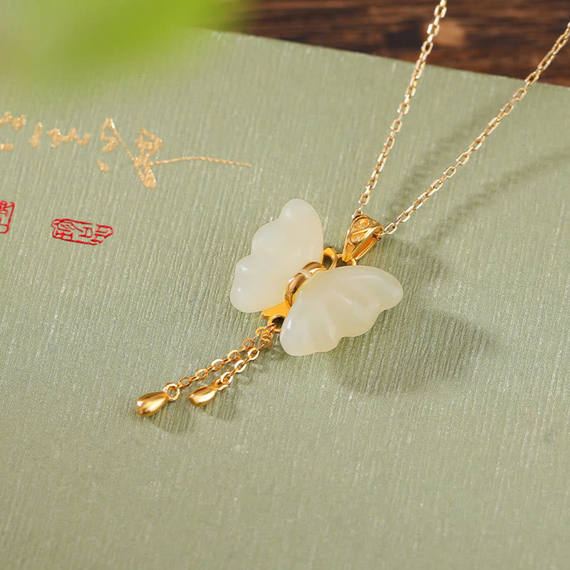 Fortune Jewel 925 Sterling Silver Plated Gold Hetian White Jade Butterfly Blessing Necklace Pendant