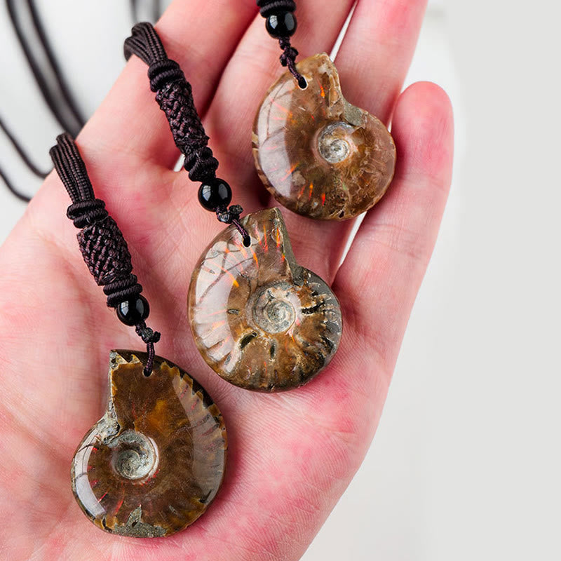 Fortune Jewel Natural Ammonite Fossil Snail Pattern Meditation Healing Necklace Pendant
