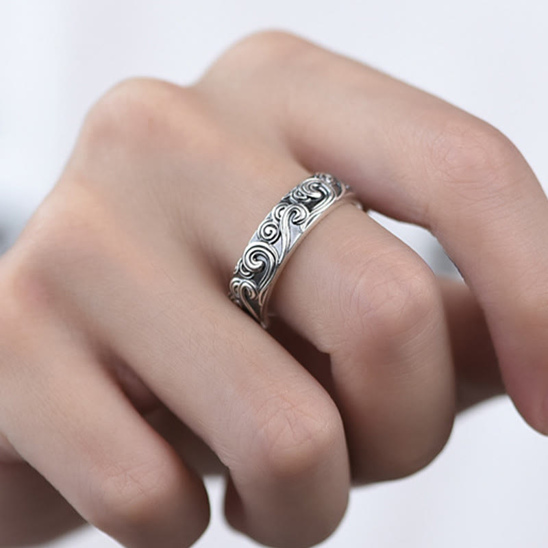 Fortune Jewel 999 Sterling Silver Auspicious Clouds Engraved Blessing Adjustable Ring