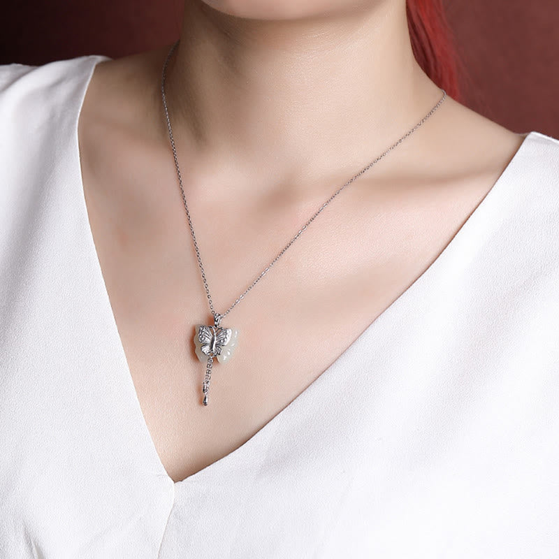 Fortune Jewel 925 Sterling Silver Plated Gold Hetian White Jade Butterfly Blessing Necklace Pendant