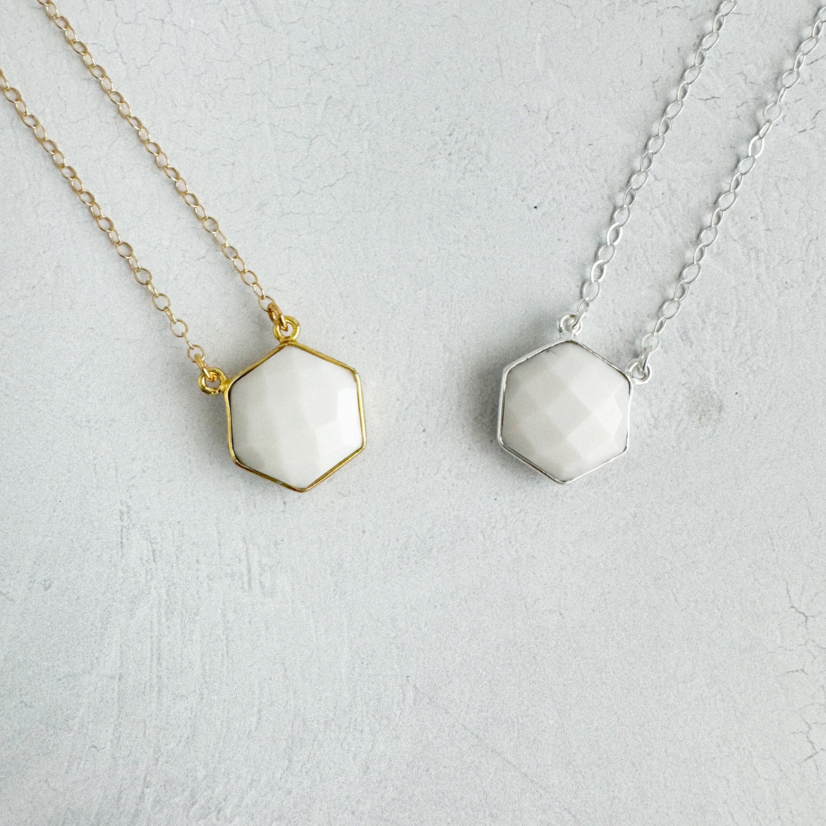 Dainty Hexagon Bezel Necklace - White Agate