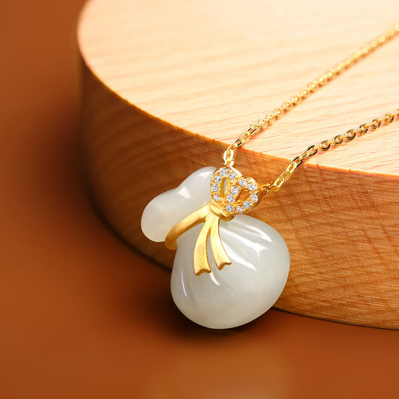 Fortune Jewel Natural Hetian White Jade Luck Money Bag Necklace Pendant