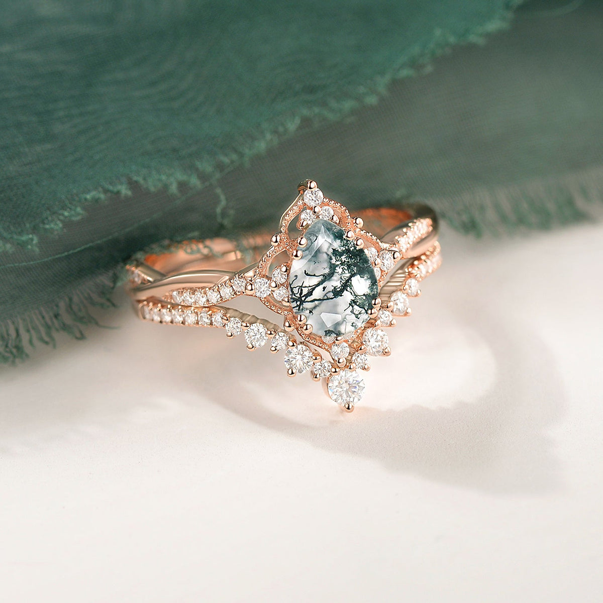 Vintage Inspired Pear Cut Moss Agate Infinity Engagement Ring 2pcs