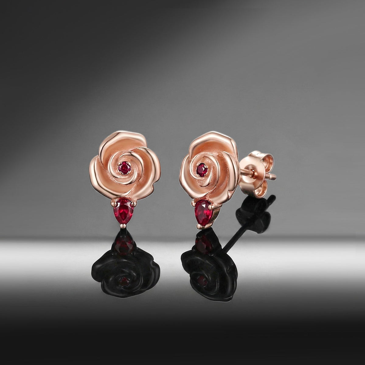 Nature Inspired Dark Crimson Rose Lab Ruby Stud Earrings - 'Thorns & Roses'
