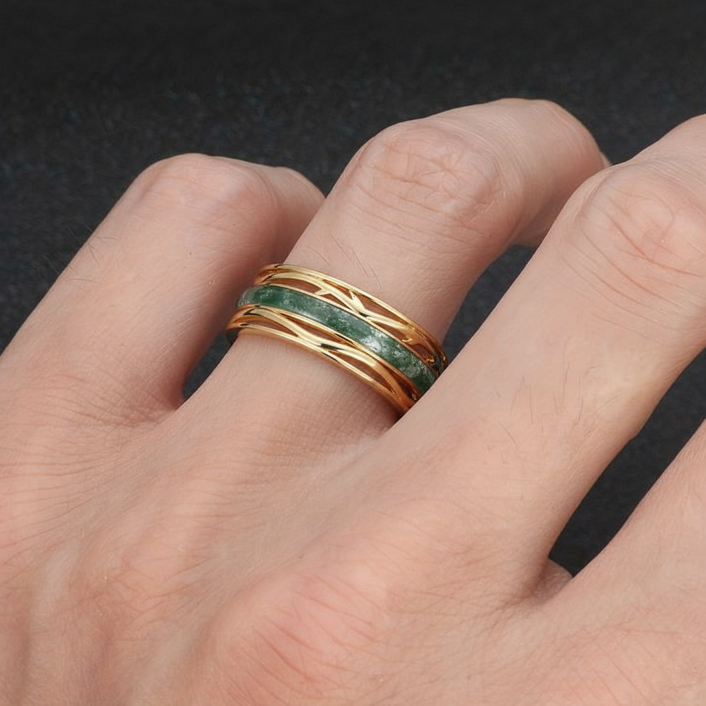 Odin’s Dominion | 8MM Moss Agate Men’s Ring with Openwork Branch Sides