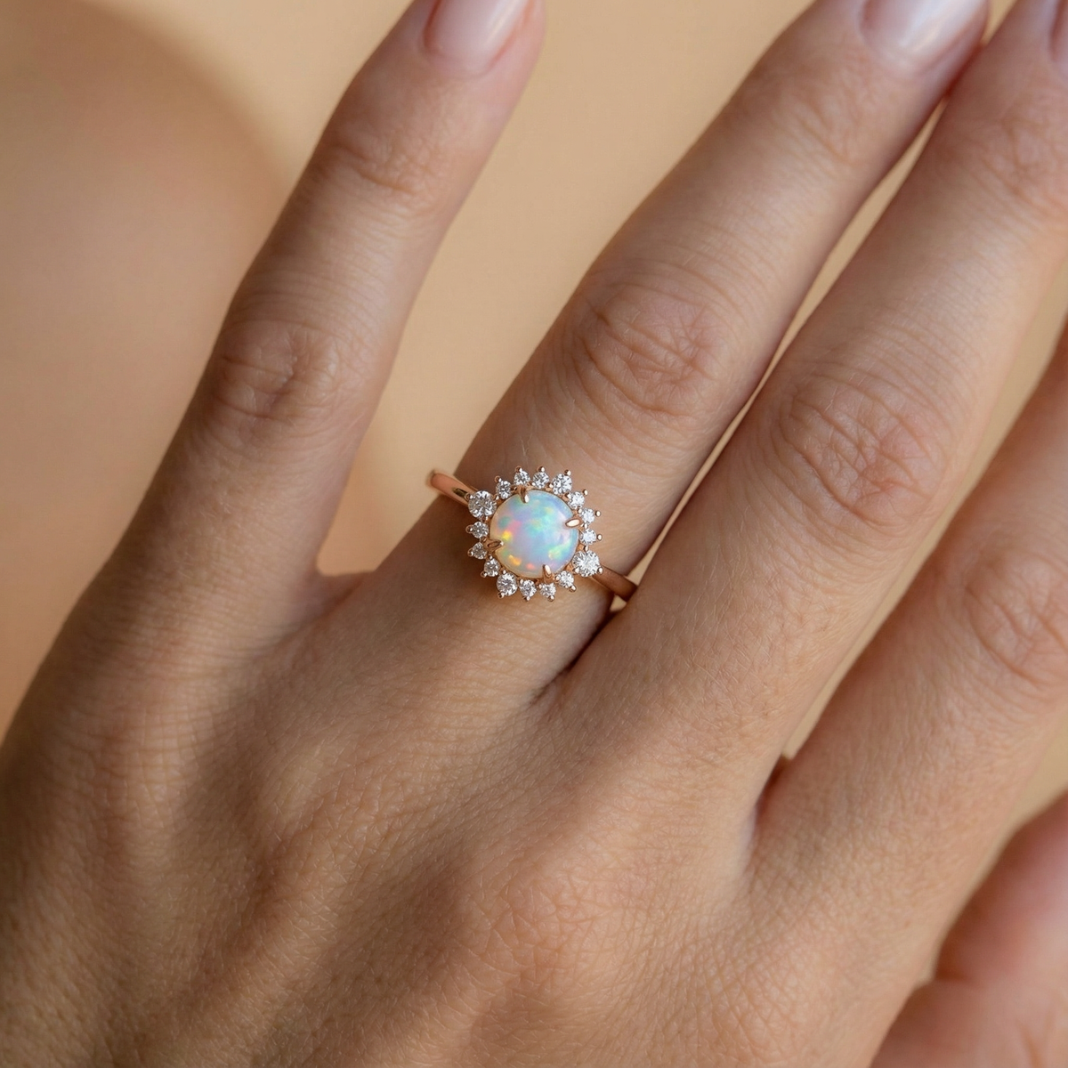 Valencia’s Sunburst | Round Opal & Moissanite Halo Ring