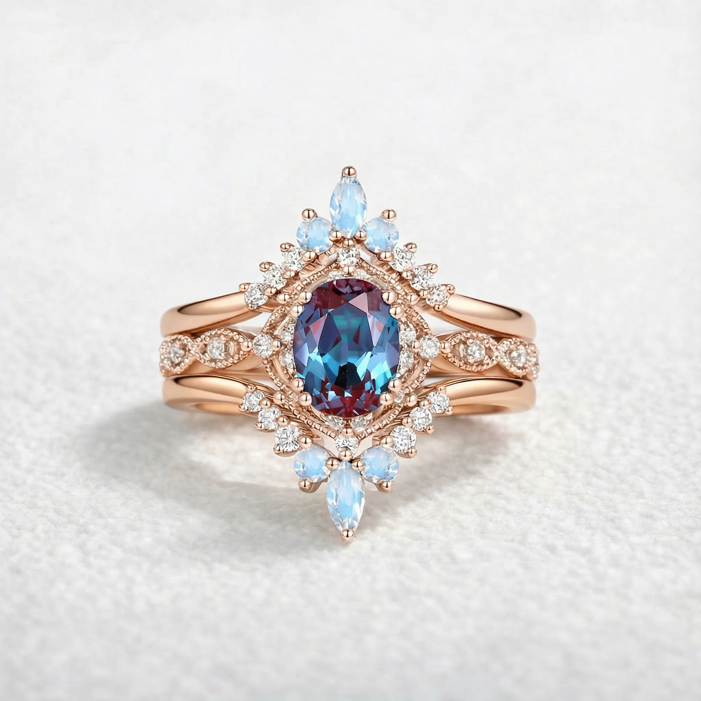 Luna’s Glow | Alexandrite & Moonstone Vintage Bridal Set 3pcs