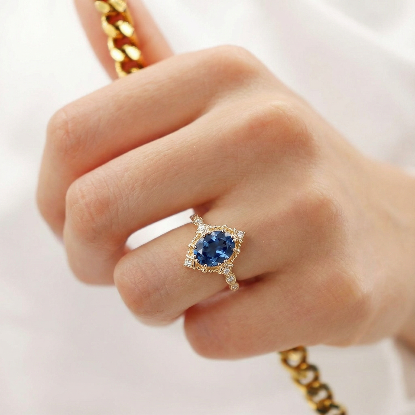 Aurelia’s Luminara | 1.5CT Oval London Blue Topaz & Diamond Art Deco Ring