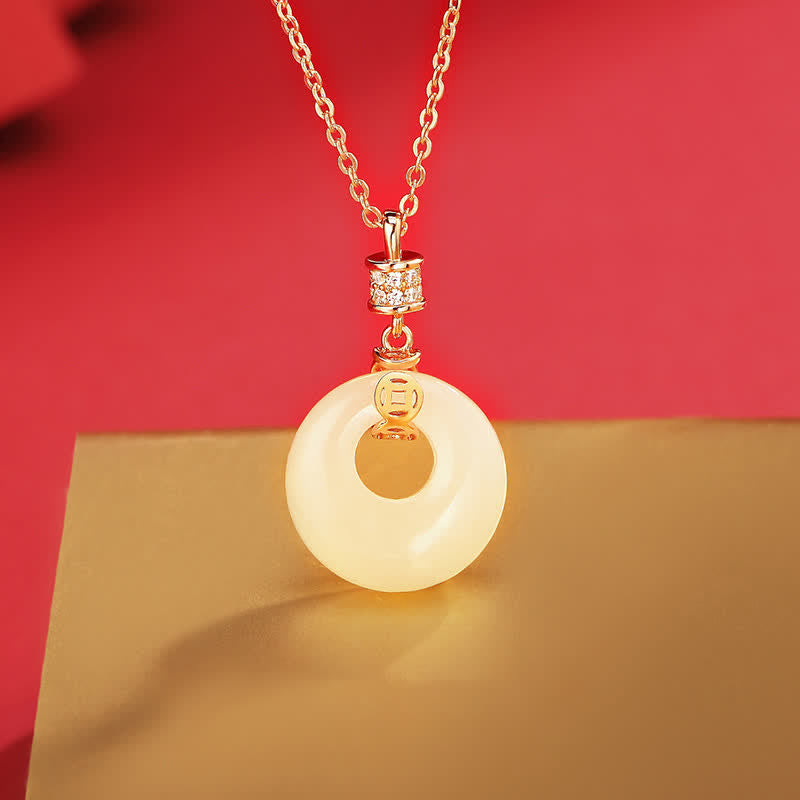 Fortune Jewel 925 Sterling Silver Hetian White Jade Coin Flower Peace Buckle Luck Necklace Pendant