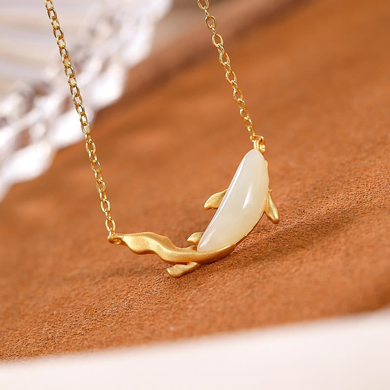 Fortune Jewel 925 Sterling Silver White Jade Dolphin Luck Necklace Pendant