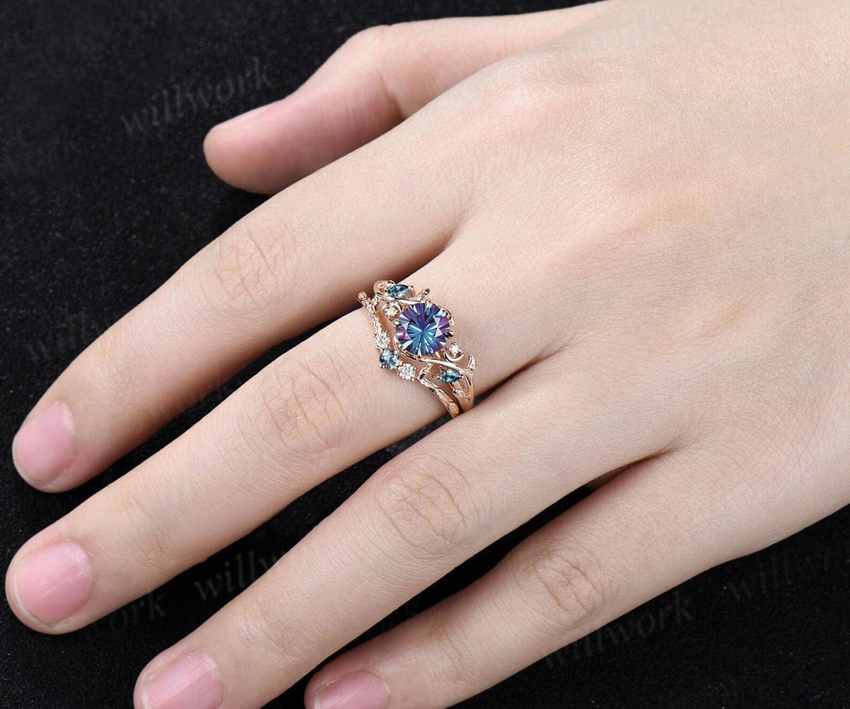 1CT Fireworks Cut Alexanrite Ring Set Leaf Vine Art Deco Moon Promise Ring Diamond Alexandrite Wedding Band Vintage Bridal Set