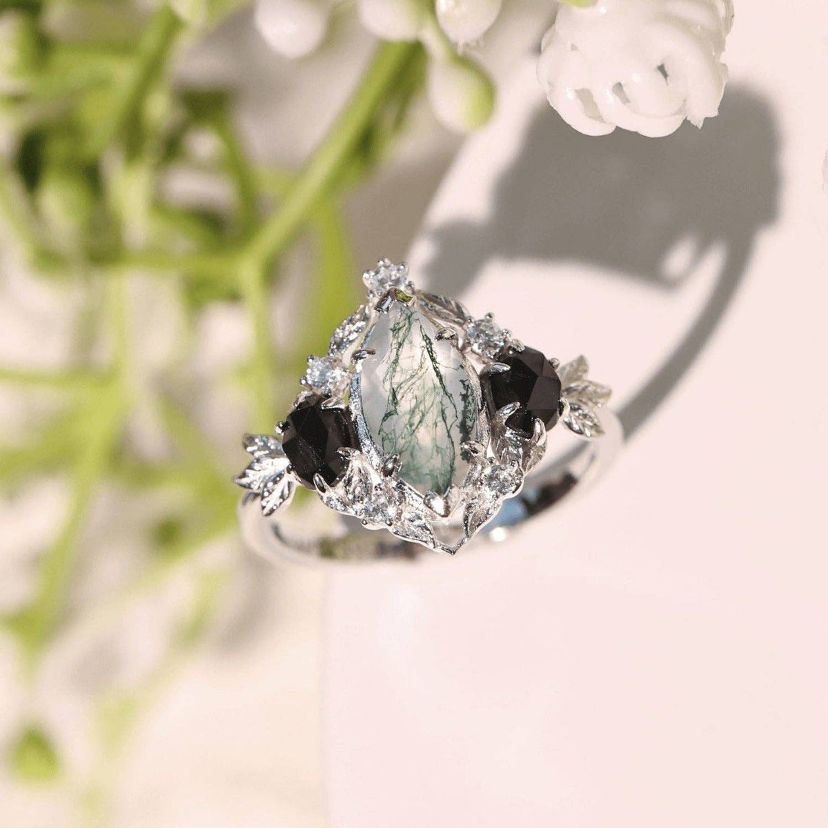 Noctis Moss Agate Black Onyx Ring©: White Gold Vermeil size T1/2
