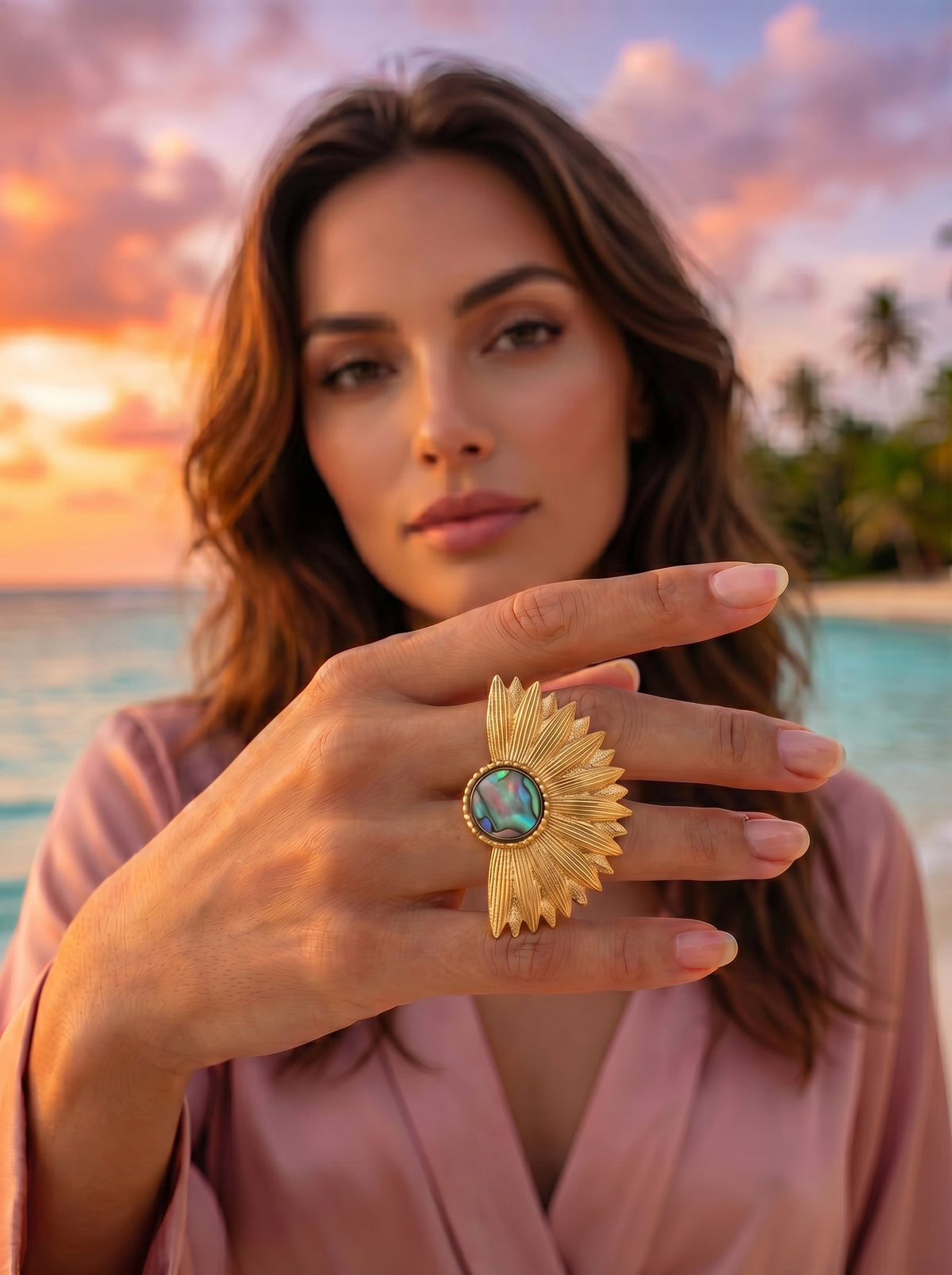Bague XXL Fleur Éventail Cocktail | Acier Inoxydable Plaqué Or 24K - Univers végétal