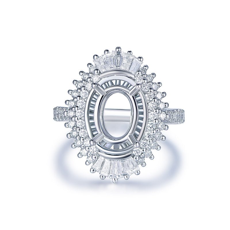 Baguette Diamond Double Halo Oval Semi Mount Ring 14K White Gold
