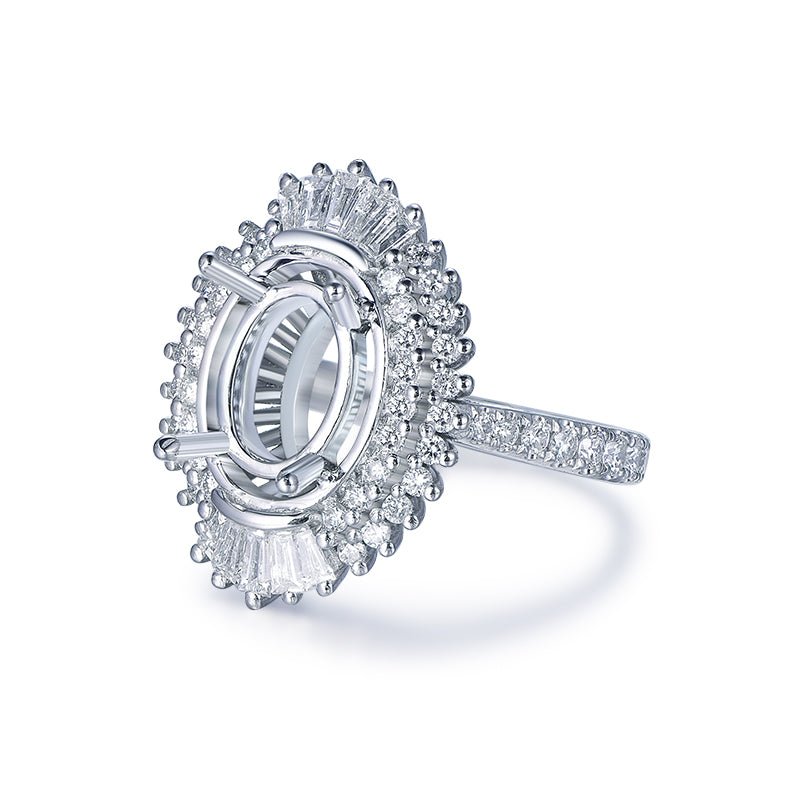Baguette Diamond Double Halo Oval Semi Mount Ring 14K White Gold