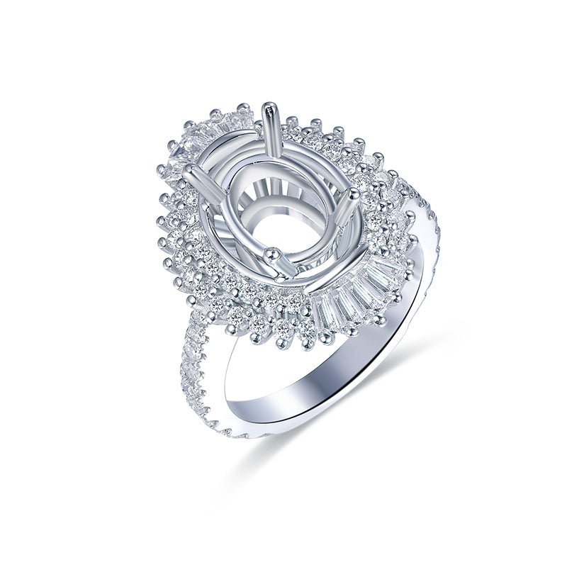 Baguette Diamond Double Halo Oval Semi Mount Ring 14K White Gold