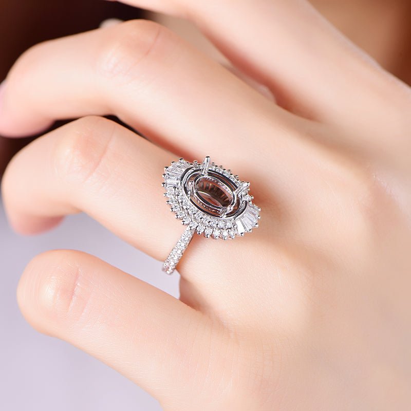 Baguette Diamond Double Halo Oval Semi Mount Ring 14K White Gold
