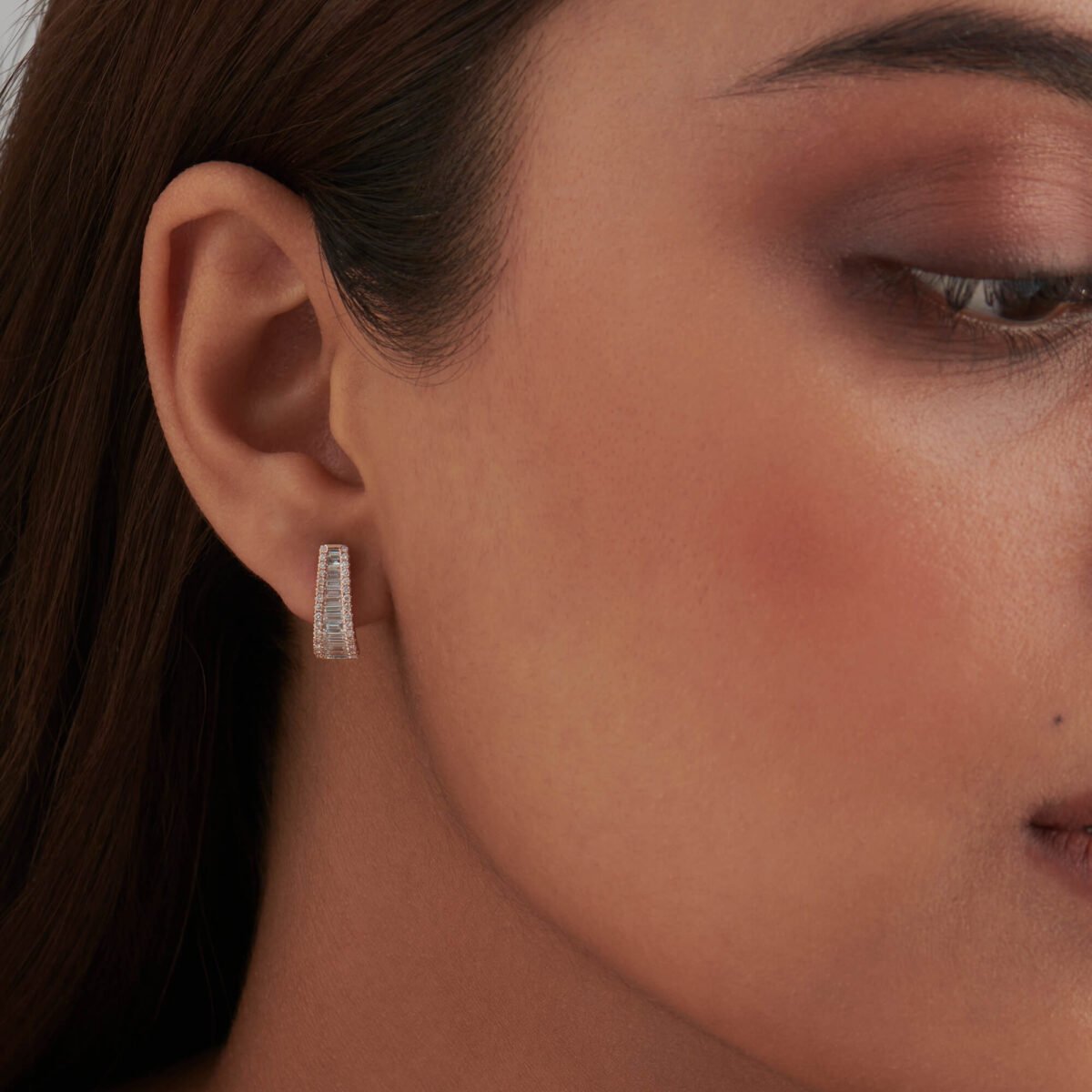 Baguette & Round Diamond Tapered Hoops Earrings