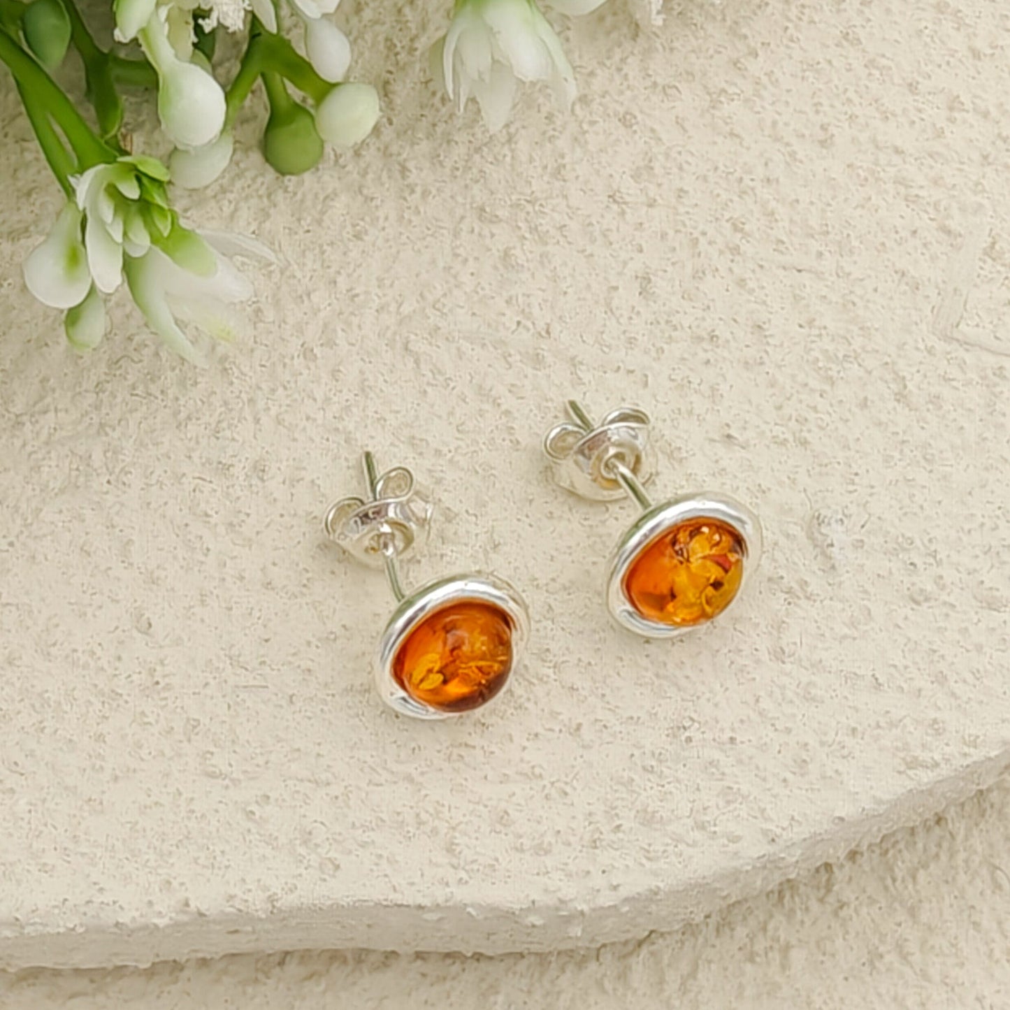 Baltic Amber Earrings | Round 8mm Studs | Sterling Silver