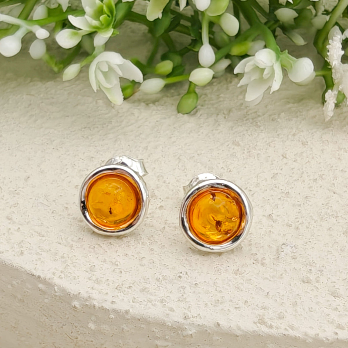 Baltic Amber Earrings | Round 8mm Studs | Sterling Silver