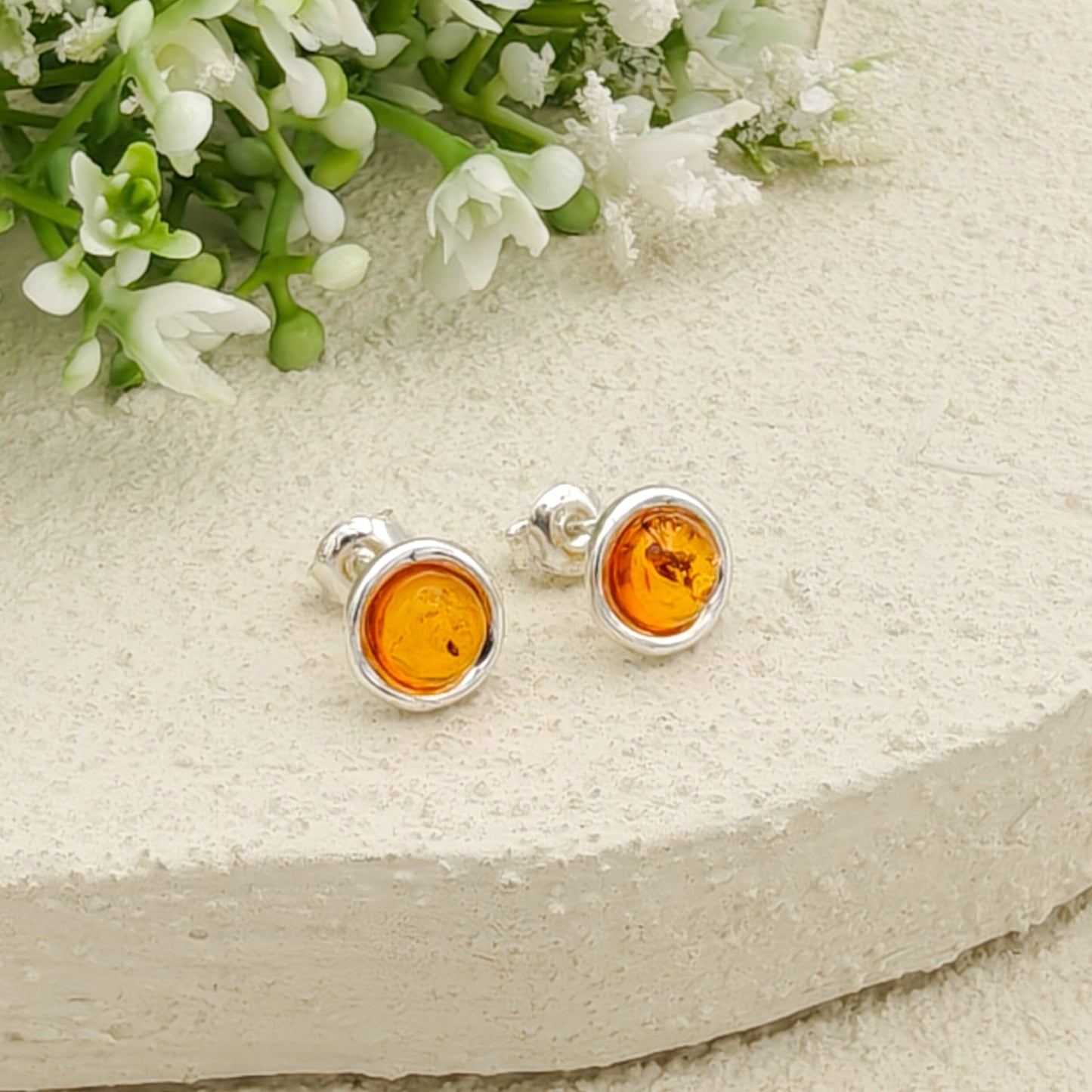 Baltic Amber Earrings | Round 8mm Studs | Sterling Silver