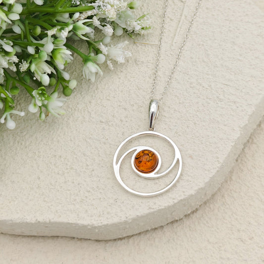 Baltic Amber Pendant | 22m Round Swirl | November Gift | Sterling Silver
