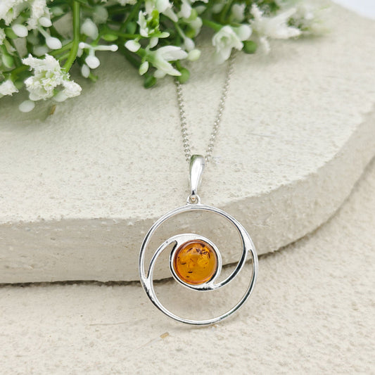 Baltic Amber Pendant | 22m Round Swirl | November Gift | Sterling Silver
