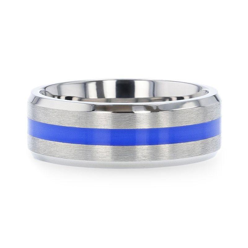 BARRY | Titanium Ring, Blue Stripe Inlay, Flat Brushed