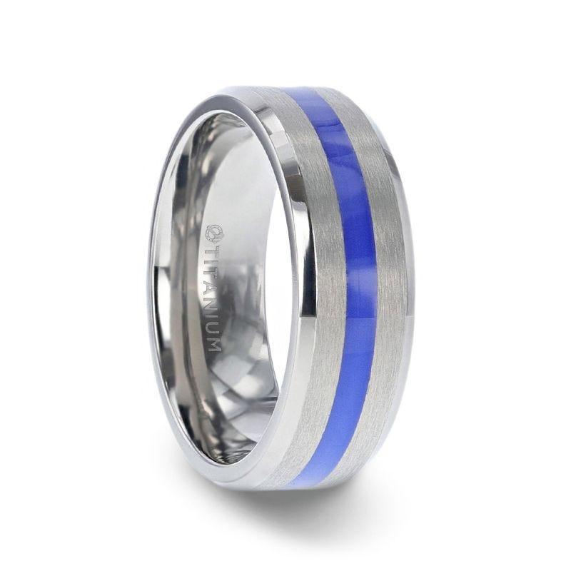 BARRY | Titanium Ring, Blue Stripe Inlay, Flat Brushed