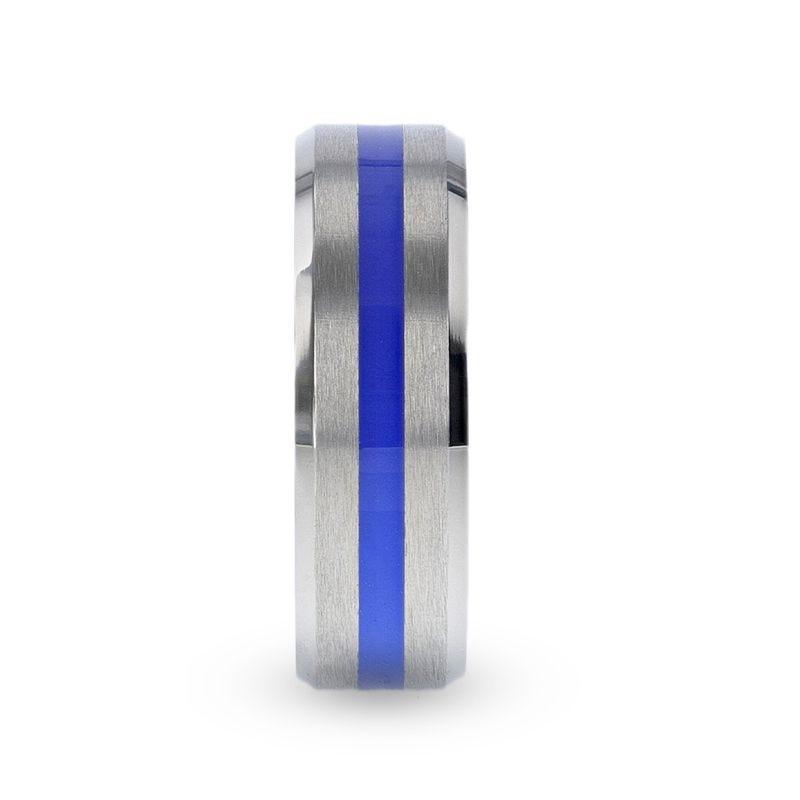 BARRY | Titanium Ring, Blue Stripe Inlay, Flat Brushed