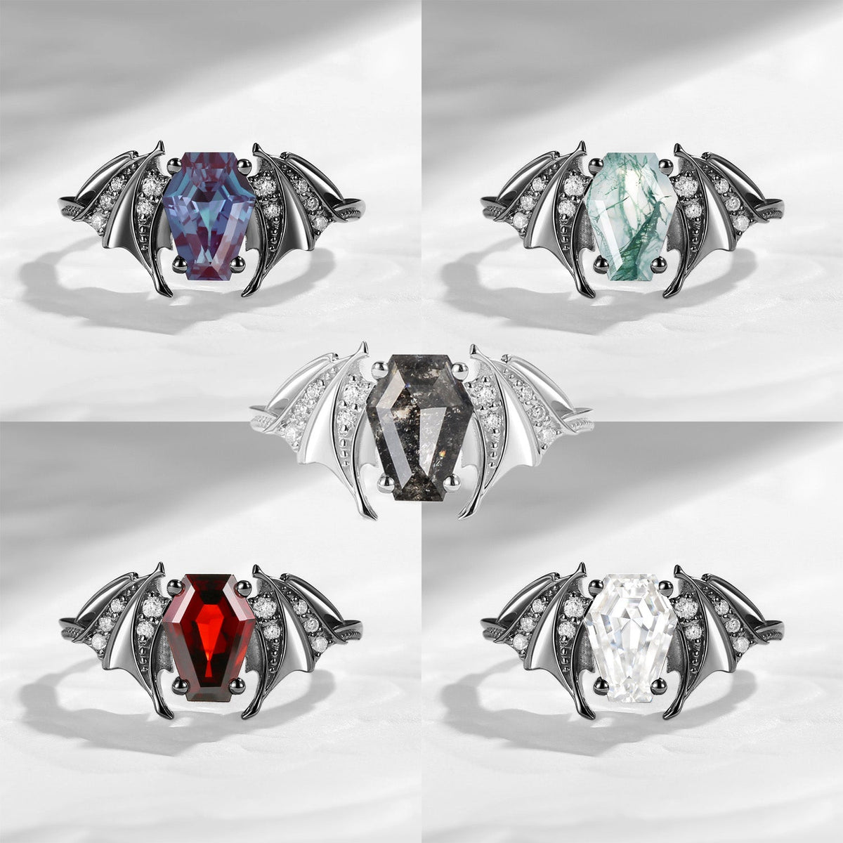 Coffin Cut Lab Alexandrite Gothic Inspired Black Gold Engagement Ring - Bat Ring